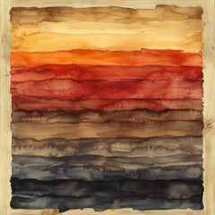 Watercolor sunset landscape in wooden frame, textured background for art prints