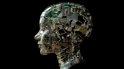 Canvas Print - AI humanoid head profile, circuit board inside.