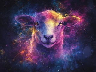 colorful cosmic lamb portrait, vibrant nebula background, surreal animal art.