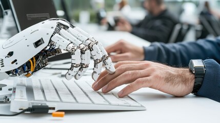 Poster - A robotic hand assists a person typing on a computer, showcasing the integration of technology and human interaction in modern workplaces.