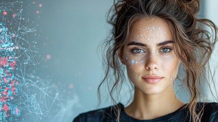 Poster - A portrait of a woman with sparkling features and a digital overlay, blending beauty and technology in a striking composition.