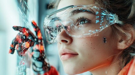 Poster - A young woman with robotic hands and protective glasses gazes thoughtfully, immersed in futuristic technology and innovation.
