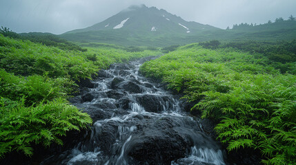 Wall Mural - Mountain stream flows through ferns, misty volcano backdrop. Ideal for nature, travel themes