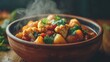 © Pro Creator - A vibrant vegetable curry with golden potatoes, orange cauliflower florets, and rich tomato sauce, garnished with fresh cilantro, served in a rustic terracotta bowl, exuding warmth and comfort