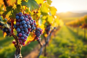 Close-up of ripe grapes on a vine with colorful leaves in sunlight, blurred vineyards in the background. Nature's beauty and harvest concept. Ai generative