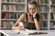 © fizkes - Smartphone in studying. Confident young hipster female student sit at desk in library hold phone look at screen text message search information online check task list at high school learning platform