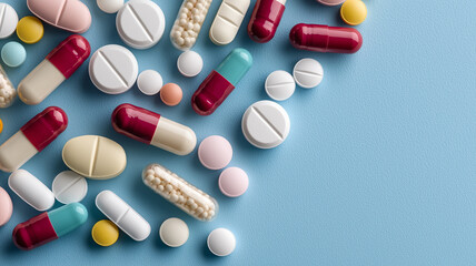 Wall Mural - Scattered colorful pills, capsules, and tablets visible on a blue solid background, representing various medications.
