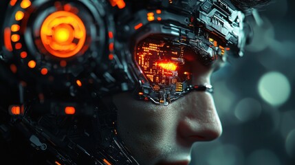Poster - Cybernetic human merging with technology in a conceptual standard environment a futuristic exploration of integration and innovation