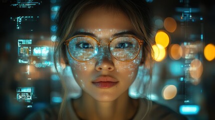 Poster - Woman wearing glasses illuminated by digital projections and data