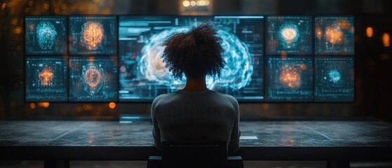 Poster - Person analyzing data on multiple high-tech screens