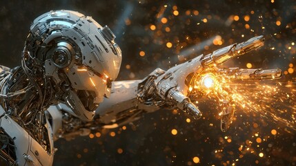 Poster - Self-repairing robot assembling components futuristic workshop digital art high-tech environment close-up view robotics innovation