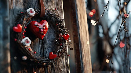 A wreath with two red hearts on it is hanging on a wooden door. generated using AI