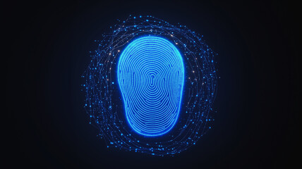 Poster - Cybersecurity Fingerprint: Abstract digital fingerprint glowing blue, surrounded by data streams.  Concept for digital security, data protection, and privacy.