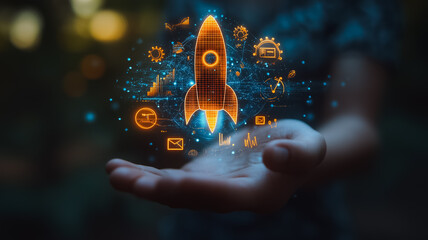 Poster - Launching Innovation: A glowing rocket ship icon emerges from an open hand, symbolizing the power of new ideas and technological advancement.  The image evokes a sense of potential and future success.