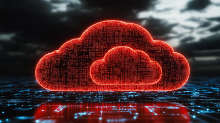 Poster - cybersecurity cloud threat: a dramatic, red glowing cloud data symbol sits above a futuristic citysc