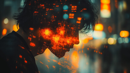 Poster - Cyberpunk Identity: A mysterious figure stands in the neon glow of a futuristic cityscape, their face obscured by a digital overlay of glowing data streams.