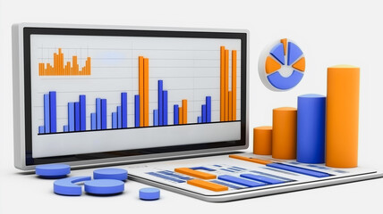 Poster - Data Visualization: 3D charts and graphs displayed on a screen and tablet, showcasing key performance indicators and insightful data analysis. Perfect for presentations, reports.