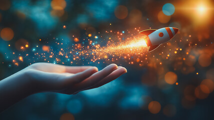 Poster - Launching Innovation: A small rocket ship bursts forth from an open palm, trailing a sparkling trail of light against a bokeh backdrop.  A symbolic image of new beginnings, innovation.