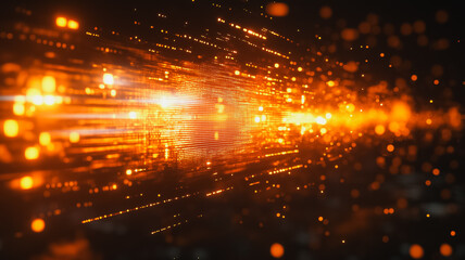 Poster - Fiery Data Stream: Abstract digital art depicting a vibrant stream of data and energy, glowing with intense orange and gold hues in a dark background. The dynamic composition suggests speed, power.