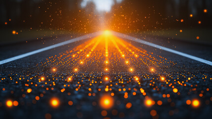 Poster - Glowing Road Ahead: Abstract journey concept with a futuristic highway stretching into a bright, hopeful horizon.  Particles of light illuminate the path forward, symbolizing innovation and progress.