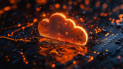 Poster - Fiery Cloud Computing: Abstract 3D rendering of a fiery cloud symbol on a circuit board, representing the power and intensity of cloud computing.