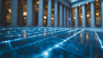 Aufkleber - Digital Network in Grand Hall: Abstract image of a glowing blue digital network map projected onto the polished floor of a grand classical hall with majestic columns.