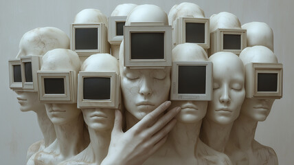 Poster - The Faceless Gaze: A surreal sculpture of multiple white faces, each adorned with a square screen obscuring their eyes. The composition evokes a sense of anonymity, surveillance.
