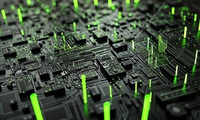 Poster - Abstract Circuit Board Design Green Neon Lights Digital Technology Background