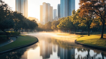 Wall Mural - Morning mist over a city park canal, reflecting modern high-rises.  Sunrise illuminates the tranquil water and trees.