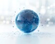 © Thanaseth - A blue glass globe with intricate surface reflections, placed on a pristine white background, surrounded by floating small data blocks and digital information lines