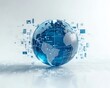 © Thanaseth - A blue glass globe with intricate surface reflections, placed on a pristine white background, surrounded by floating small data blocks and digital information lines