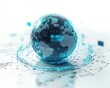 © Thanaseth - A blue glass globe with intricate surface reflections, placed on a pristine white background, surrounded by floating small data blocks and digital information lines