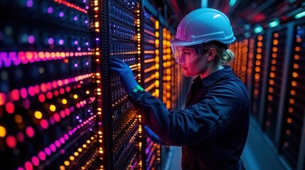 Poster - Technician working on servers in a brightly illuminated data center