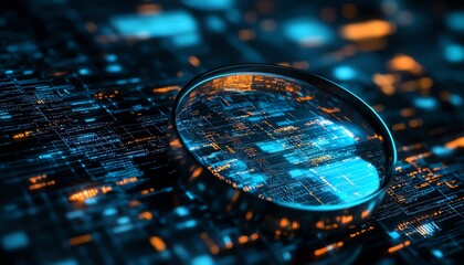 Poster - A futuristic IT Security Risk Assessment scene with a magnifying glass focused on a document, set within an abstract digital background of cybersecurity and encryption elements