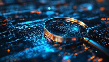 Poster - A futuristic IT Security Risk Assessment scene with a magnifying glass focused on a document, set within an abstract digital background of cybersecurity and encryption elements
