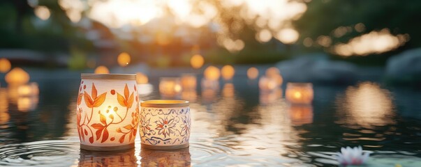 Wall Mural - Chinese new year lanterns unity concept. Lanterns with hand-painted patterns floating in a moonlit pond, golden light emphasizing unity and shared joy