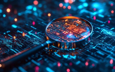 Poster - A magnifying glass on a document, highlighting IT Security Risk Assessment, surrounded by an abstract technological environment with glowing circuits and encryption symbols