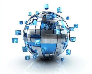 Poster - A modern blue and silver digital globe on a white background, surrounded by a network of small floating cube icons representing global connections and data flow