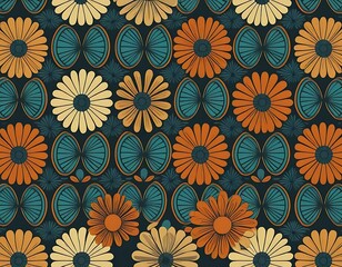 Poster - Retro Floral Pattern With Orange Yellow And Teal Flowers