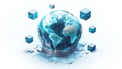 Poster - A sleek blue and silver digital globe on a white backdrop, encircled by floating small cube icons representing seamless global network connections