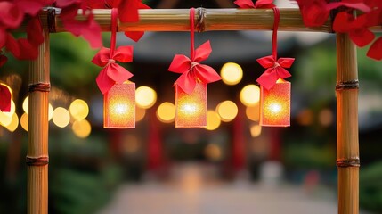 Wall Mural - Chinese new year red envelopes concept. Rows of red envelopes tied to a bamboo arch, glowing golden light and vibrant red silk creating an elegant entrance display