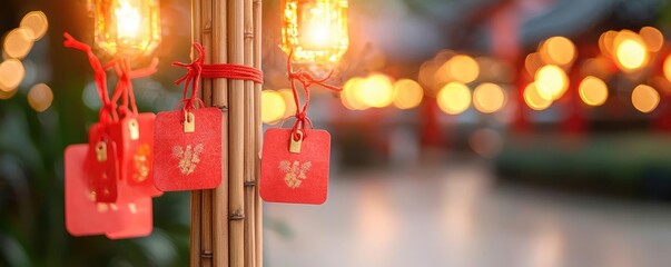 Wall Mural - Chinese new year red envelopes concept. Rows of red envelopes tied to a bamboo pole, glowing golden light and vibrant red accents enhancing the festive charm