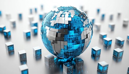 Poster - A sleek blue and silver digital globe on a white backdrop, encircled by floating small cube icons representing seamless global network connections