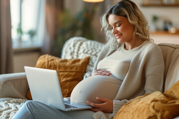 Joyful Pregnant Woman Comfortably Working on Laptop at Home, Surrounded by Cozy Decor