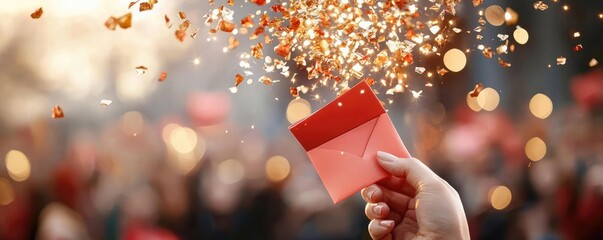 Wall Mural - Chinese new year red envelopes concept. Red envelopes flying into the air above a festive crowd, golden light highlighting their symbolic importance during New Year celebrations