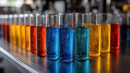 Poster - Colorful test tubes with liquids on a laboratory table