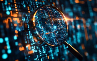 Poster - Abstract technological atmosphere showcasing a magnifying glass focused on a document, representing IT Security Risk Assessment, with floating digital security symbols