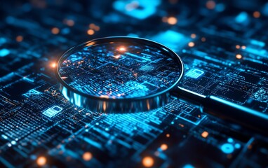 Poster - Abstract technological atmosphere showcasing a magnifying glass focused on a document, representing IT Security Risk Assessment, with floating digital security symbols