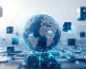 Poster - Blue and silver digital globe on a white background, surrounded by numerous small cube icons symbolizing global network connections, glowing with a futuristic tech aura