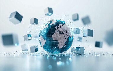 Poster - Blue and silver digital globe on a pristine white surface, surrounded by floating cubes representing the worldwide network of interconnected data